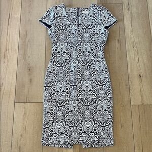 Michael Kors Navy and White Patterned Cap-Sleeve Sheath Dress